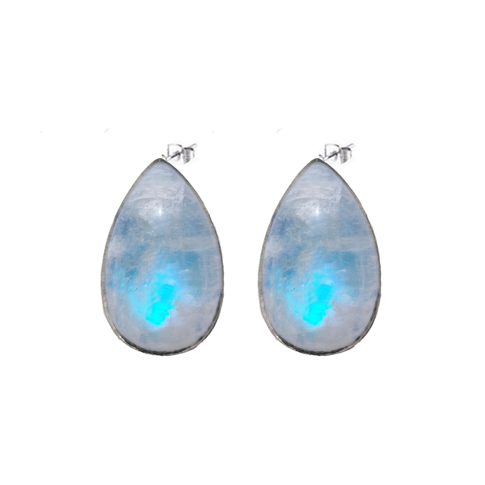 925 Sterling Silver teardrop stud earrings with natural rainbow moonstone gemstone