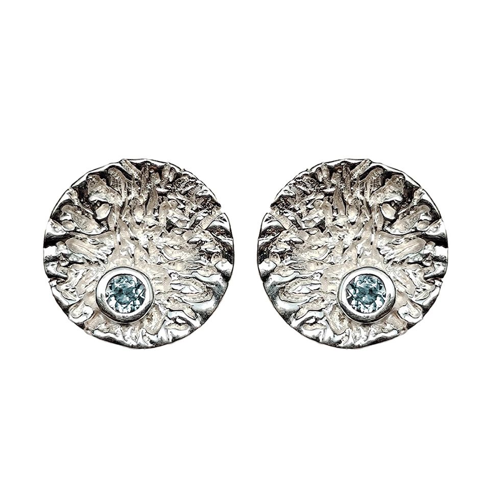 925 Sterling Silver textured round stud earrings with blue topaz gemstone.