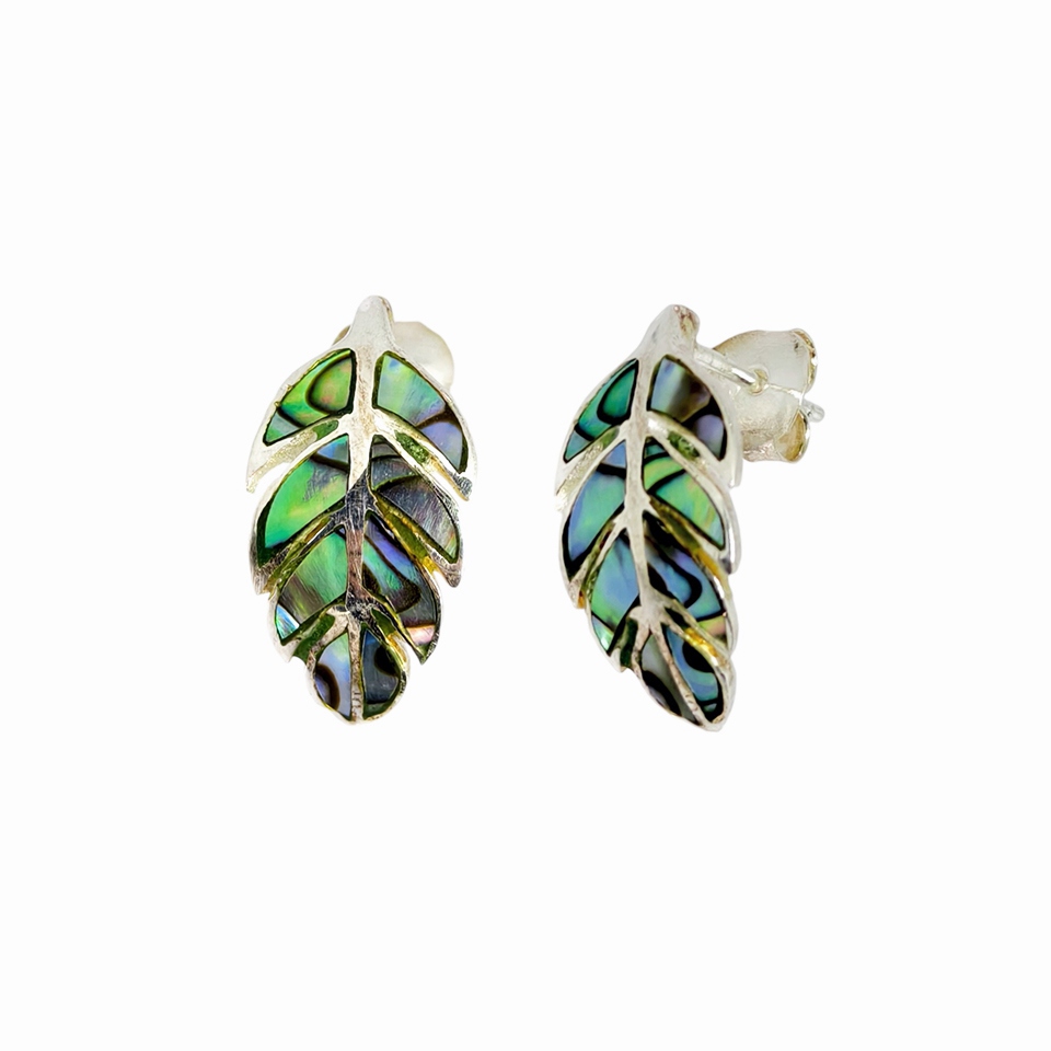 925 Sterling Silver abalone shell leaf stud earrings.