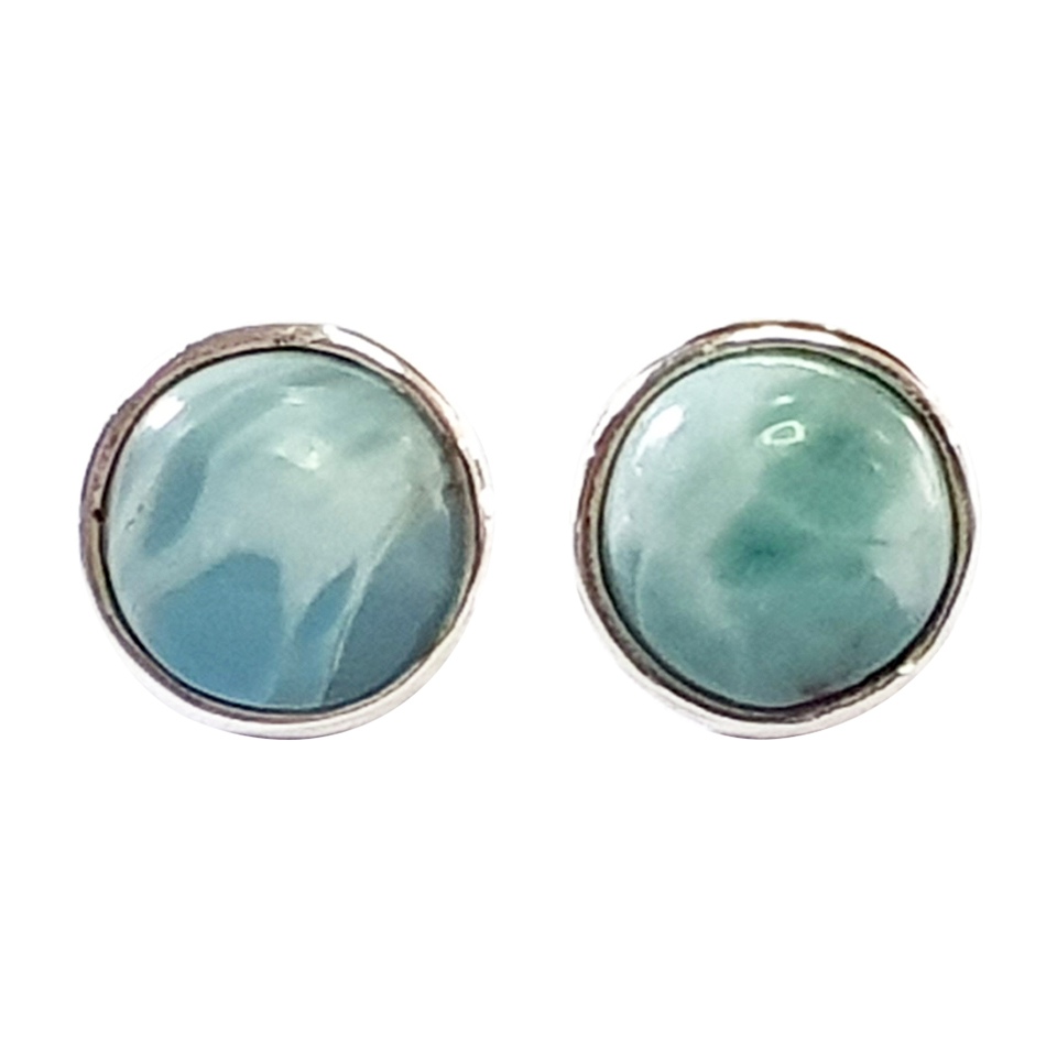 Round larimar cabochon stud earrings in 925 sterling silver