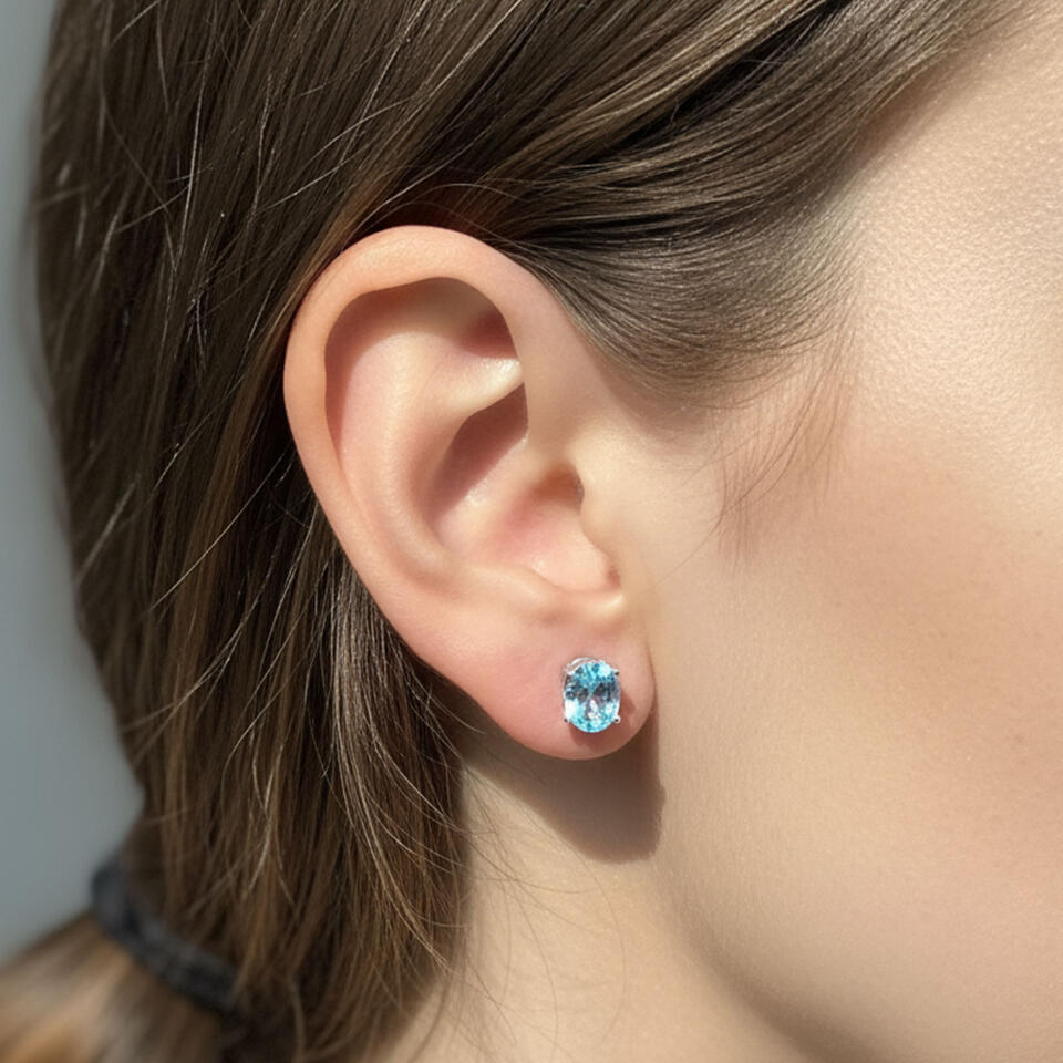 Blue Topaz Gemstone Stud Wearing Model