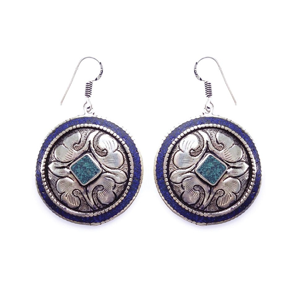 Round floral earrings with turquoise and lapis lazuli inlay