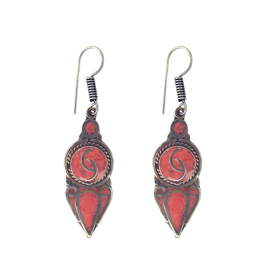Long dangle earrings with red coral inlay and tribal design