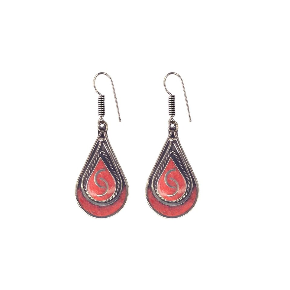 Handcrafted teardrop earrings with red inlay and intricate silver detailing