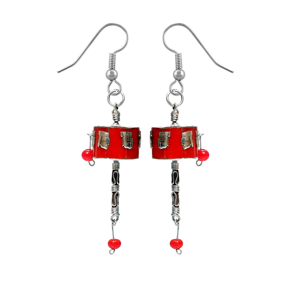 Prayer wheel earrings with coral inlay