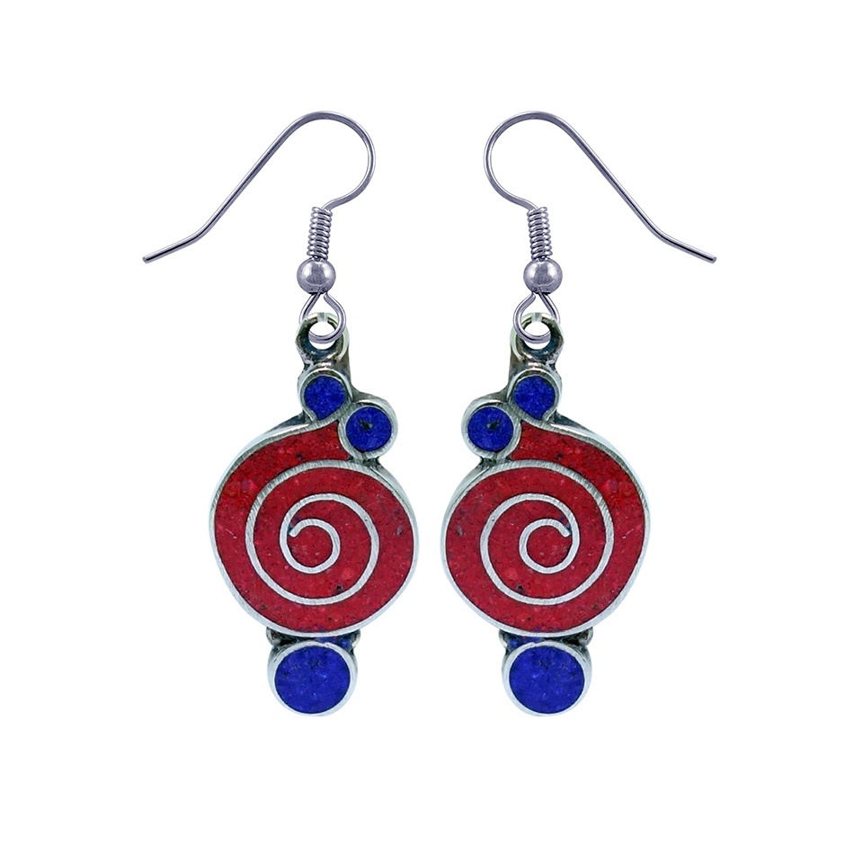Coral and lapis lazuli spiral earrings