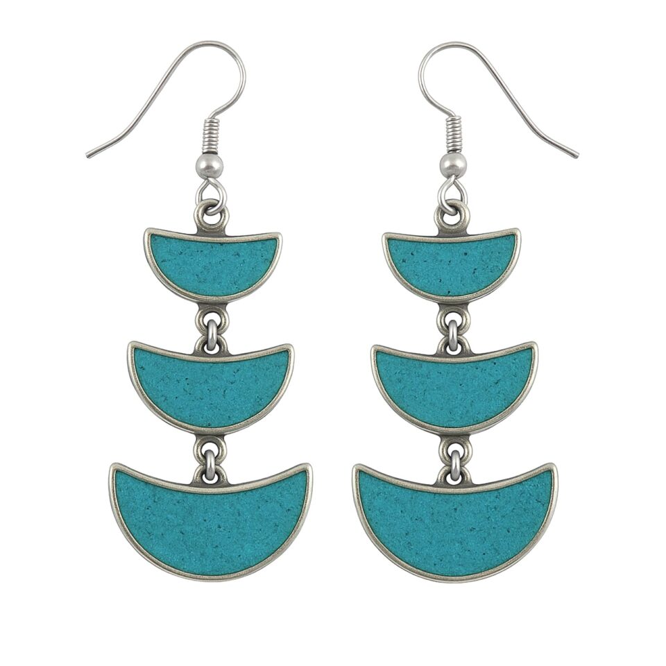 Silver-plated brass triple crescent turquoise inlay drop earrings