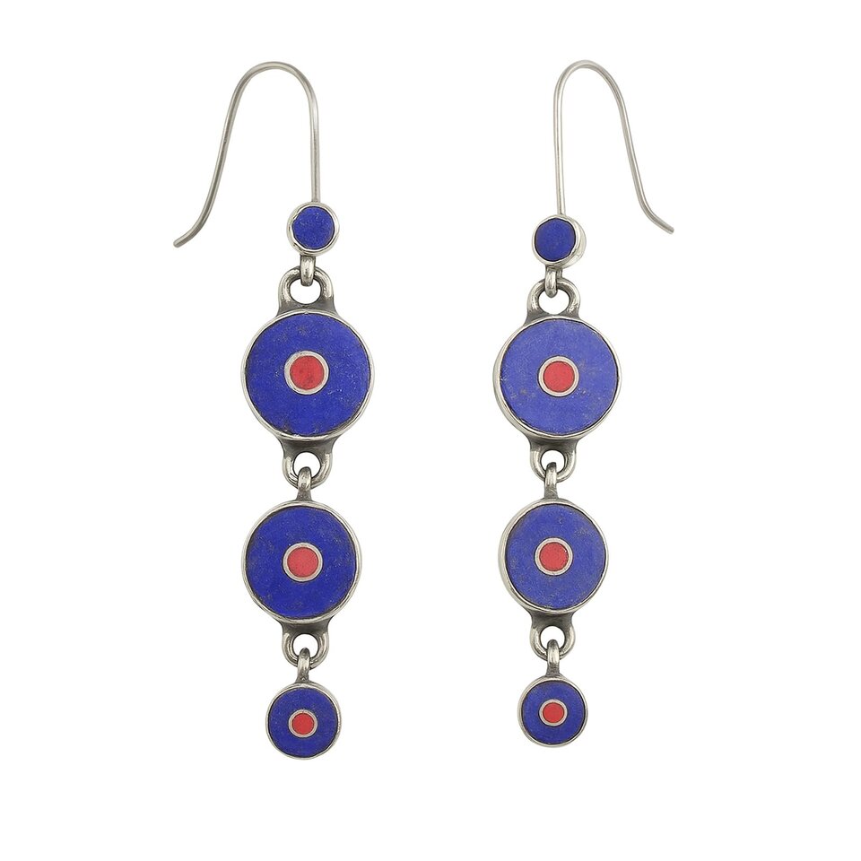 Silver-plated lapis lazuli and coral inlay drop dangle earrings