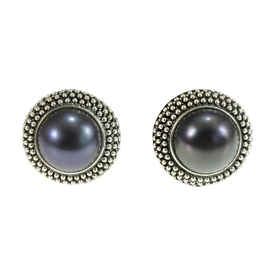 Black pearl stud earrings with decorative silver beaded border