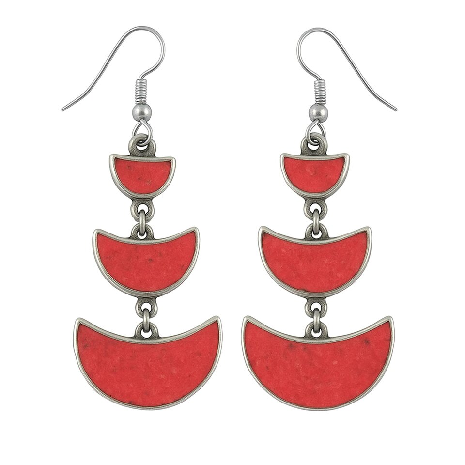 Silver-plated brass triple crescent coral inlay dangle earrings