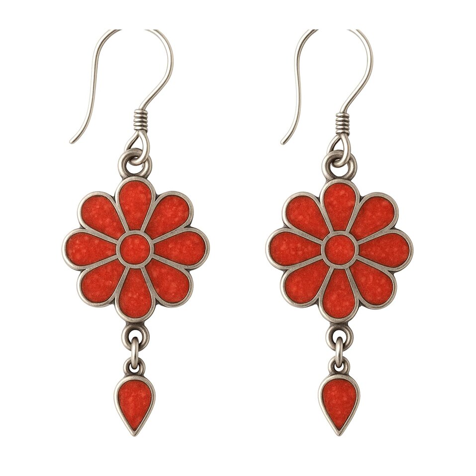 Silver-plated brass red coral inlay floral drop dangle earrings