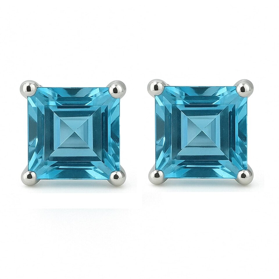 Square-cut blue topaz stud earrings in 925 sterling silver