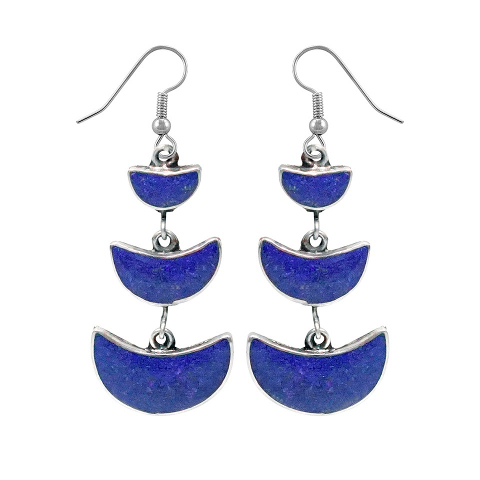 Silver-plated brass triple crescent lapis lazuli inlay dangle earrings