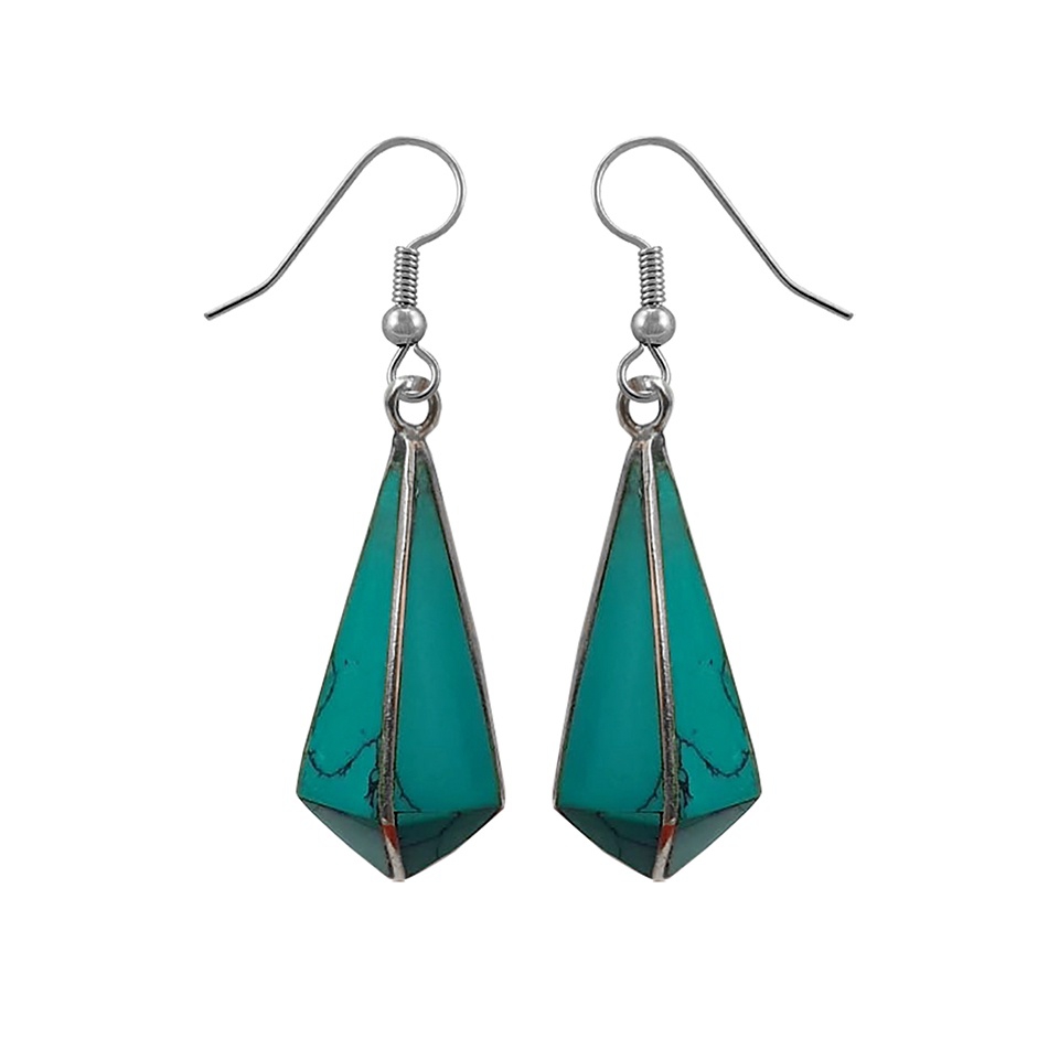 Handmade geometric drop earrings with turquoise stone inlay and silver-tone hooks