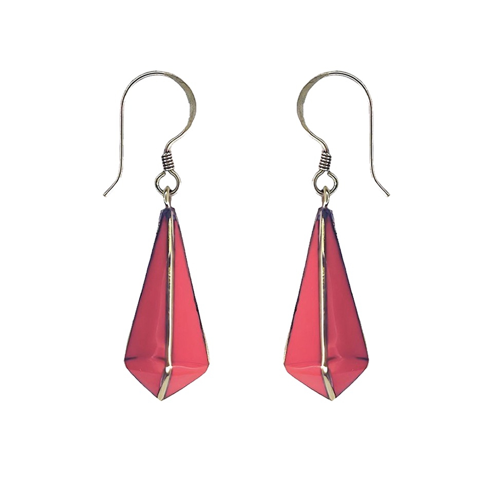 Handmade geometric drop earrings with red resin inlay and silver-tone hooks