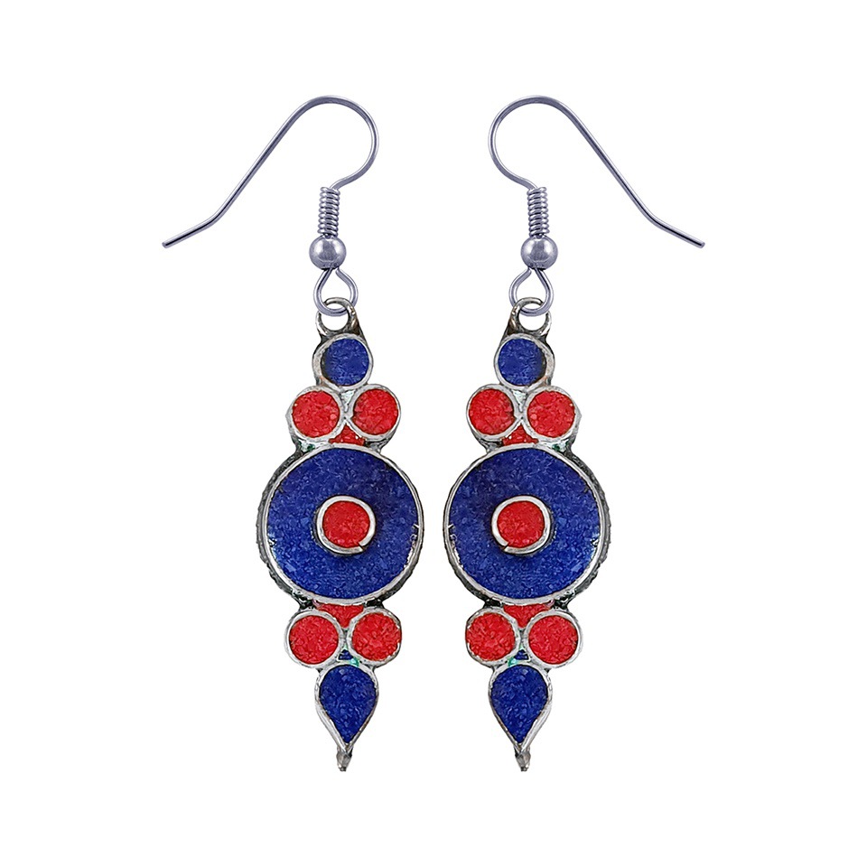 Silver-plated dangle earrings with lapis lazuli and coral inlay, geometric boho design