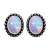 Oval moonstone stud earrings with beaded silver border