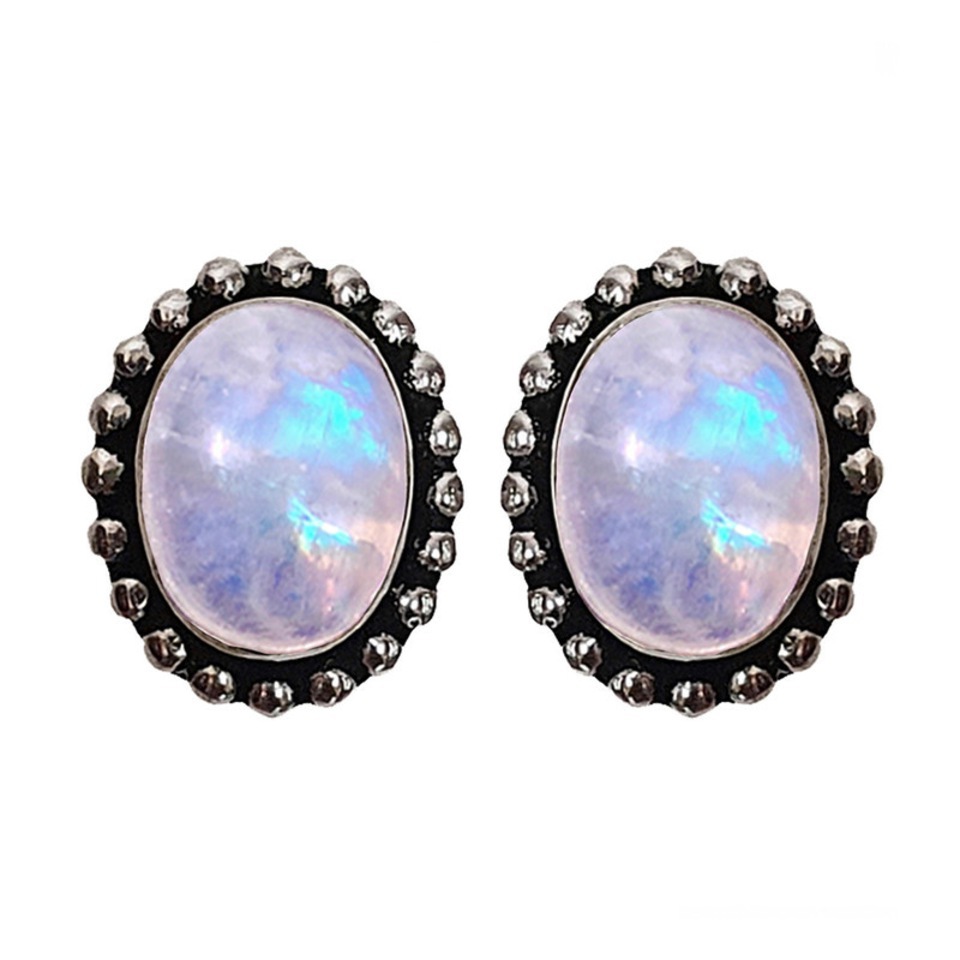 Oval moonstone stud earrings with beaded silver border