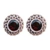Red garnet stud earrings in beaded silver setting