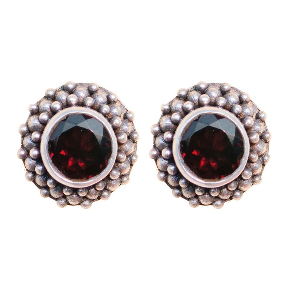 Red garnet stud earrings in beaded silver setting