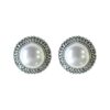 White pearl stud earrings with decorative silver beaded border