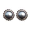 Black pearl stud earrings with decorative silver floral border