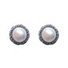 White pearl stud earrings with ornate silver beaded border