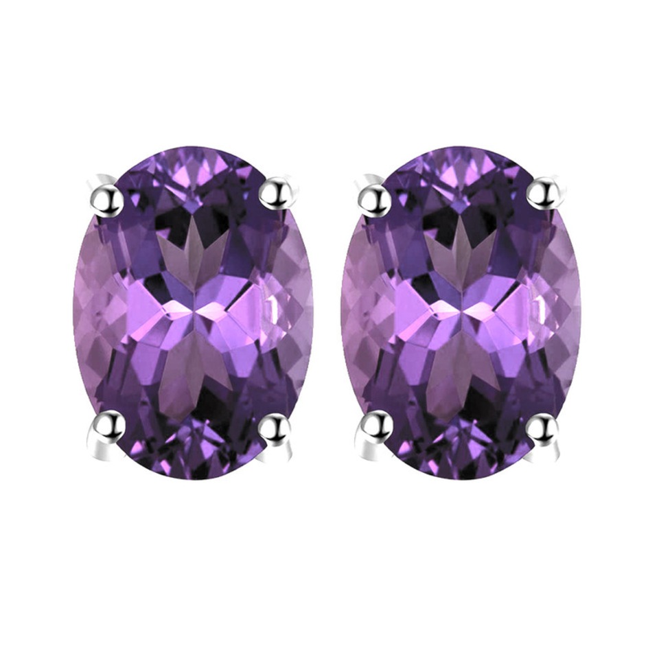 Amethyst oval stud earrings in silver prong setting