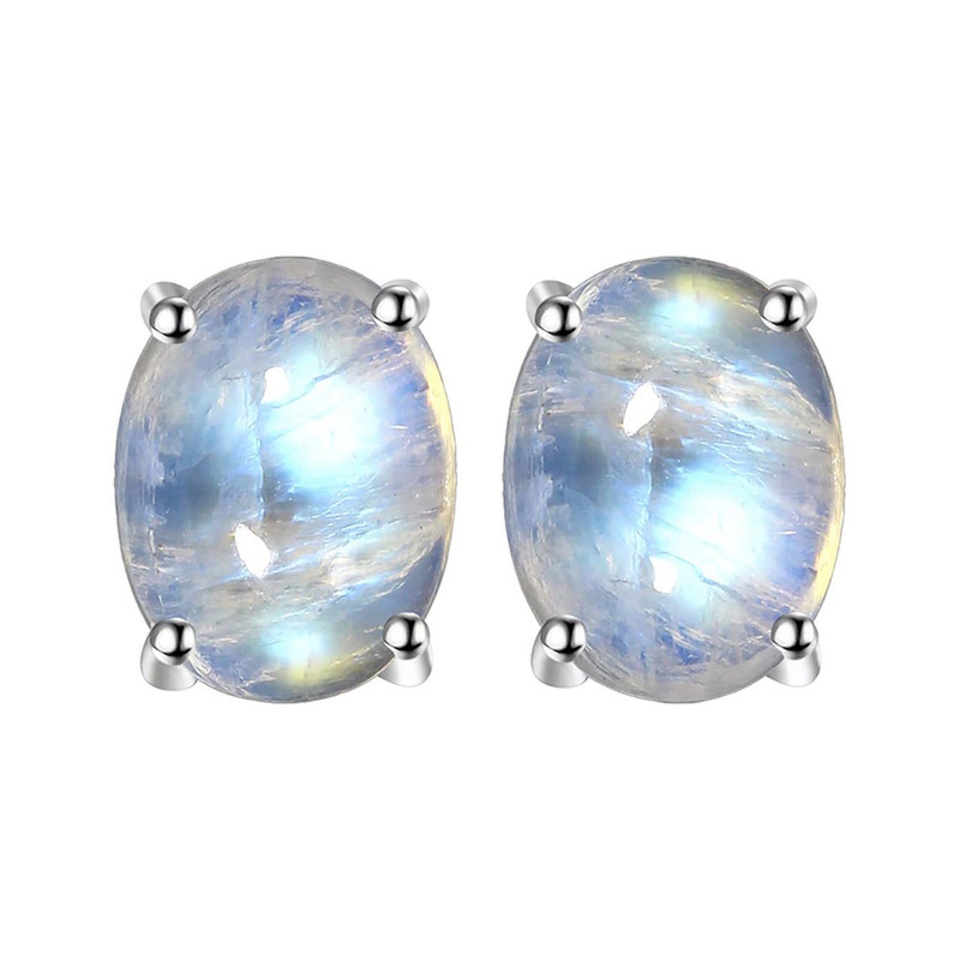 Moonstone oval stud earrings in silver prong setting