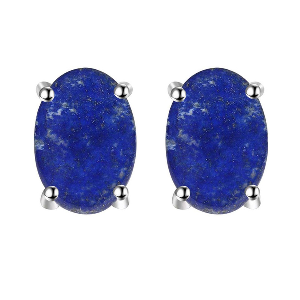 Lapis lazuli oval stud earrings in silver prong setting