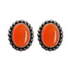 Oval orange coral stud earrings with decorative silver beaded border