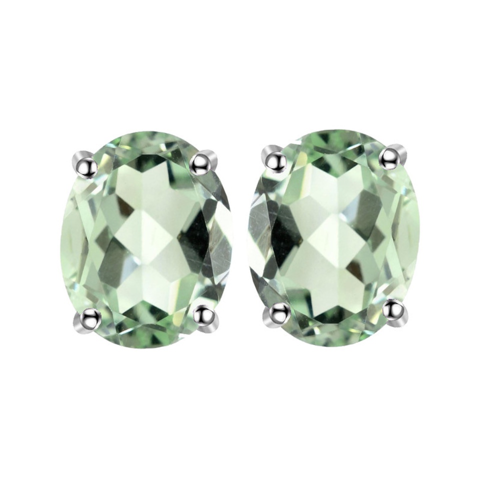 Oval green amethyst stud earrings in a four-prong 925 sterling silver setting