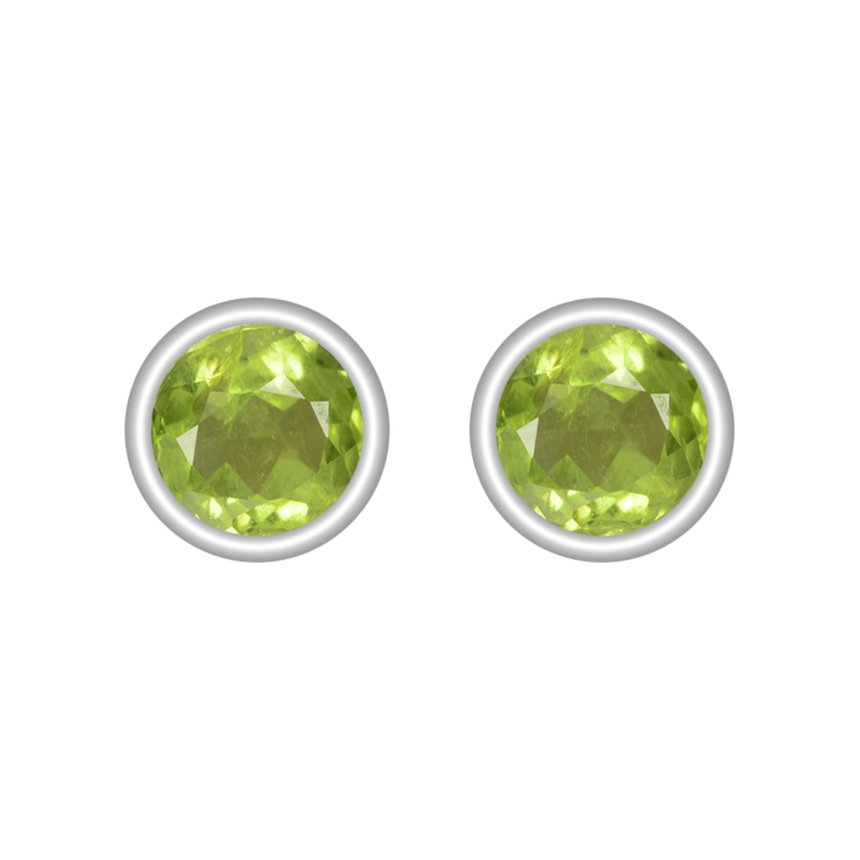 Round green peridot stud earrings in a sleek bezel setting crafted from 925 sterling silver