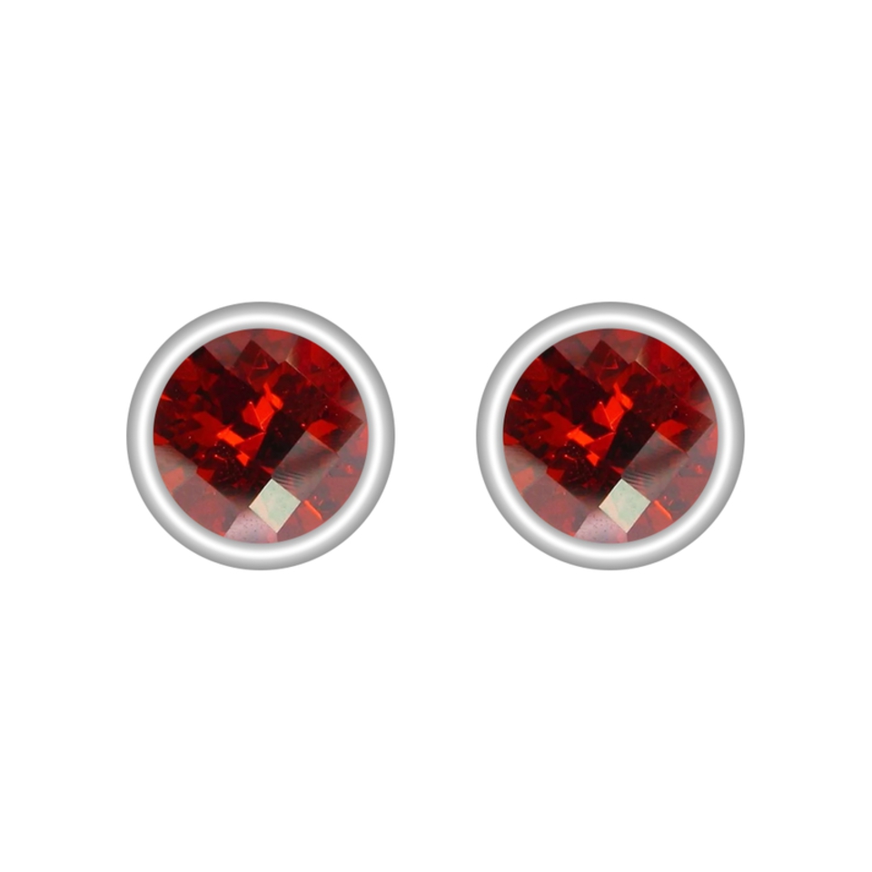 Round red garnet stud earrings in a sleek bezel setting crafted from 925 sterling silver