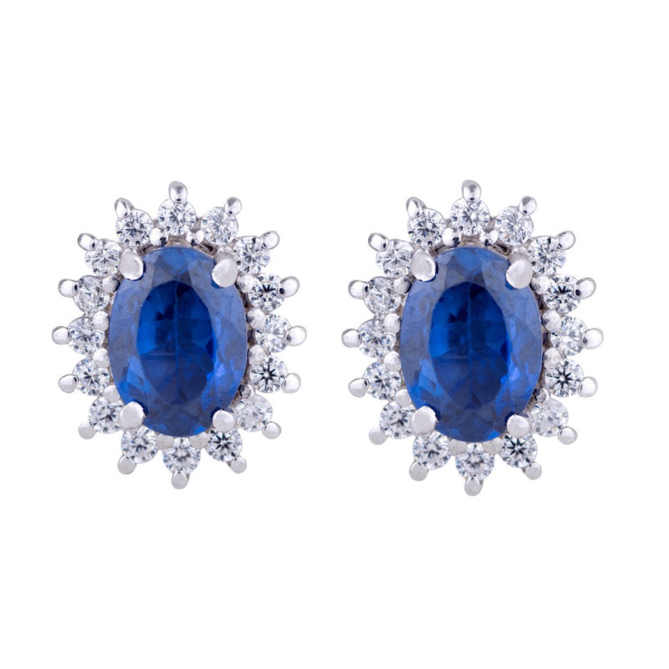 Oval blue sapphire stud earrings with halo of white cubic zirconia in 925 sterling silver