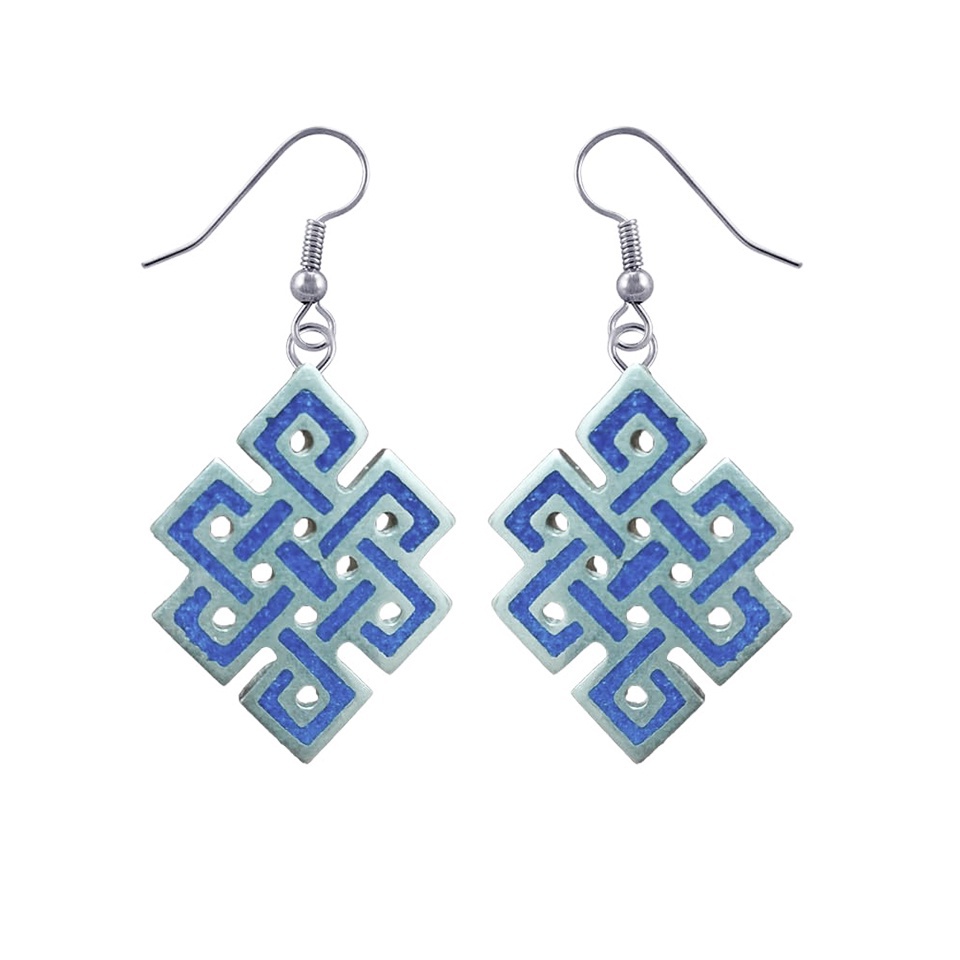 Handmade Tibetan infinity knot dangle earrings with blue inlay and silver frame