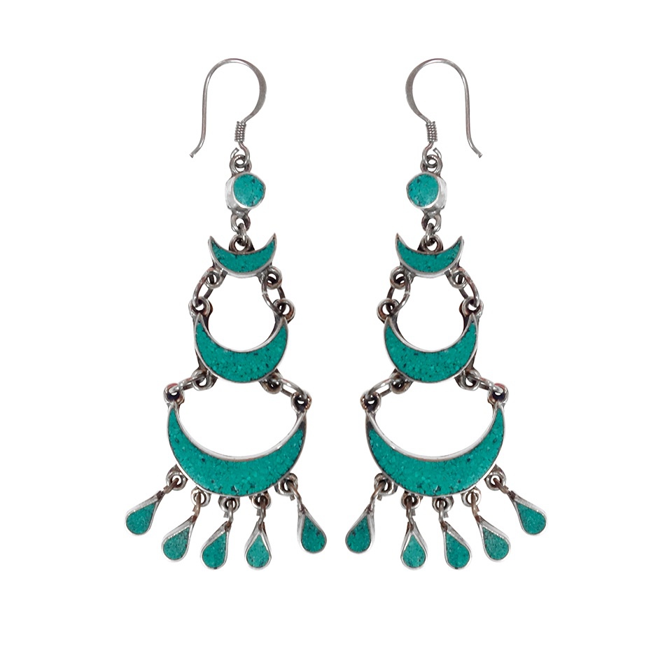 Handmade turquoise triple crescent moon dangle earrings with teardrop charms