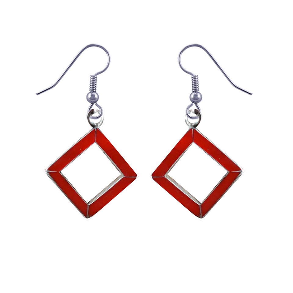 Handmade diamond-shaped dangle earrings with red coral inlay and silver frame