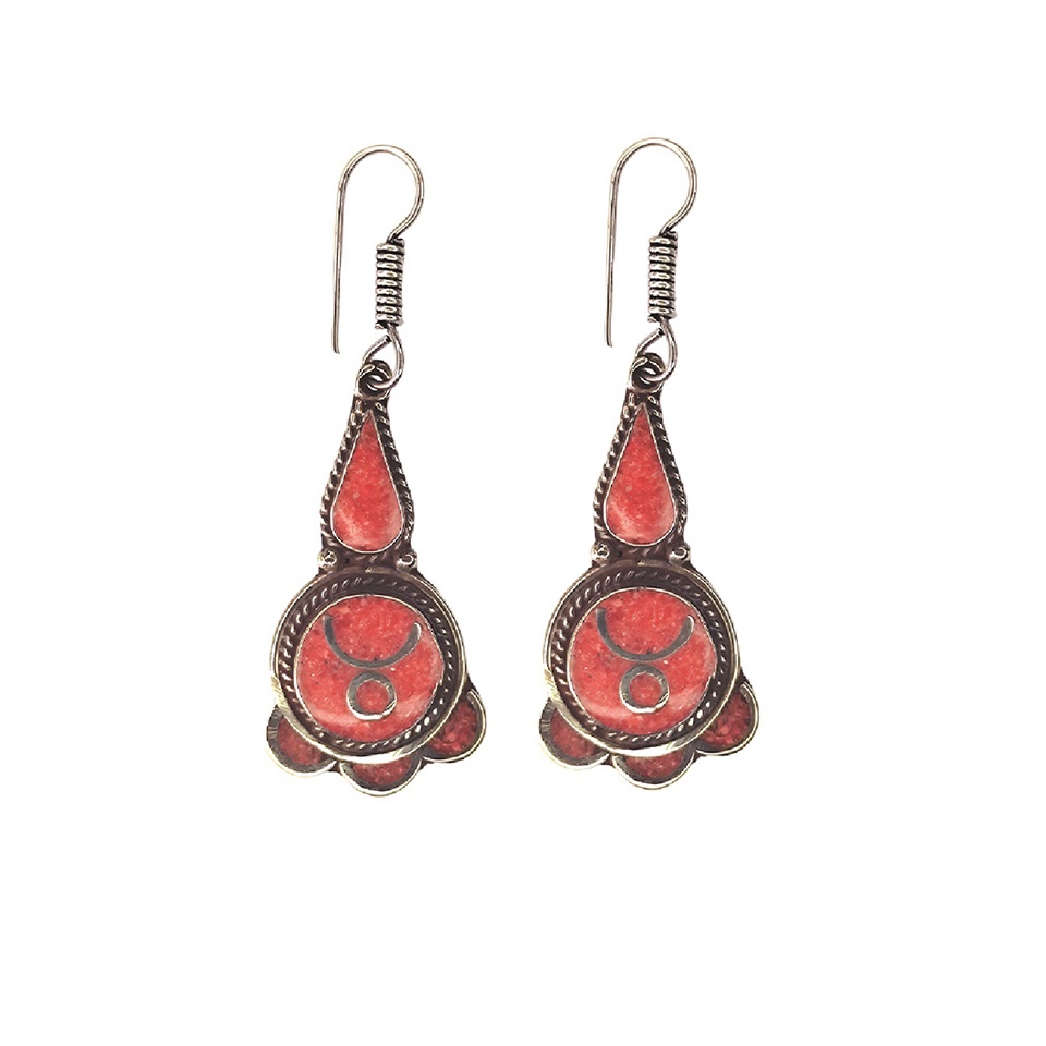 Silver-plated red coral teardrop dangle earrings