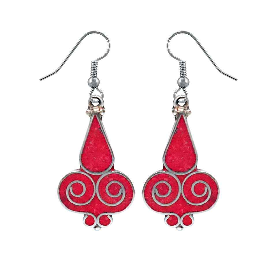 Silver-plated brass red coral inlay Tibetan drop dangle earrings