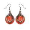 Handcrafted round dangle earrings with spiral motif and compressed coral inlay