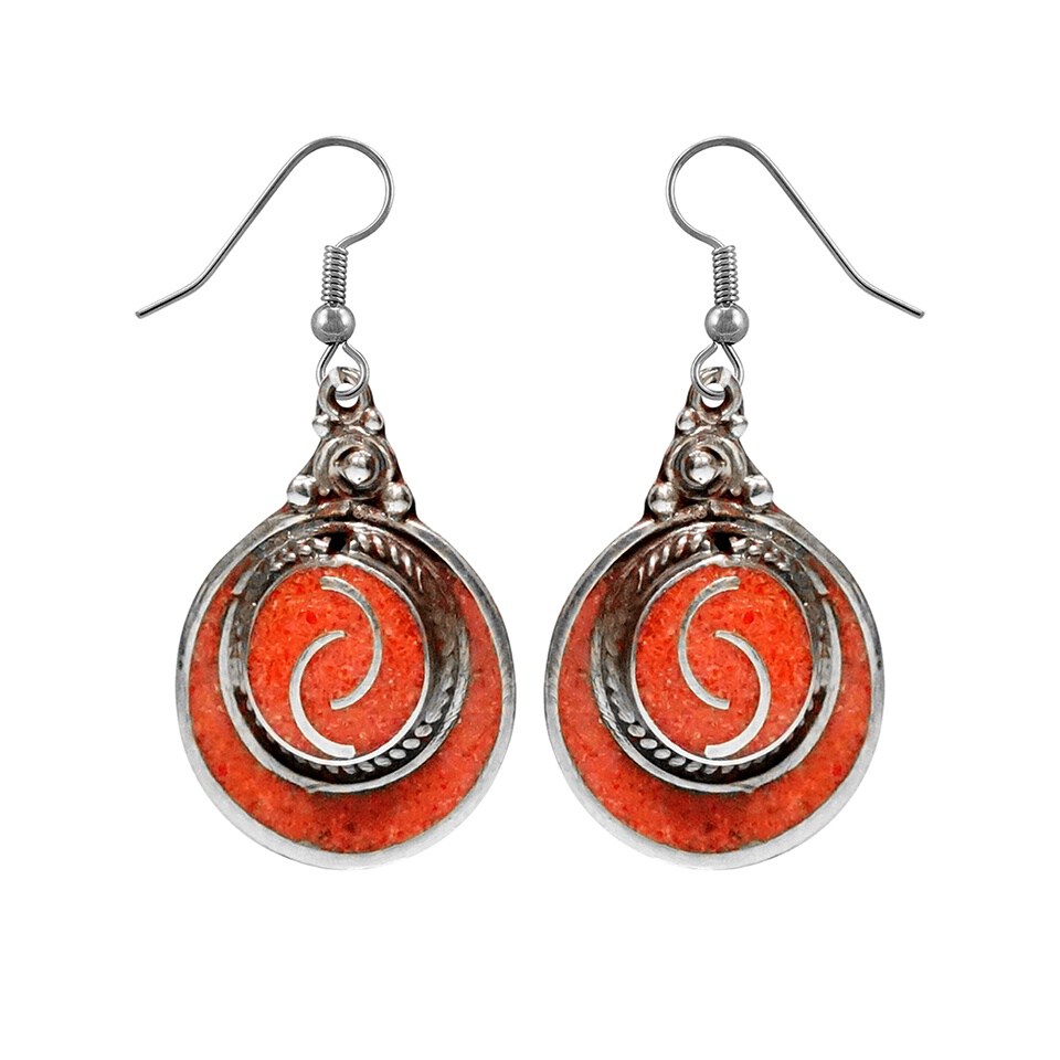 Handcrafted round dangle earrings with spiral motif and compressed coral inlay