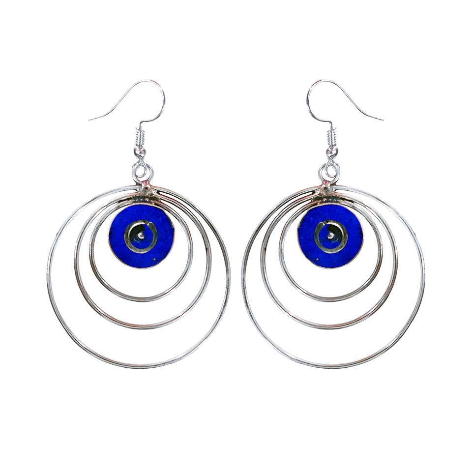 Handmade circular dangle earrings with lapis lazuli inlay and concentric silver rings
