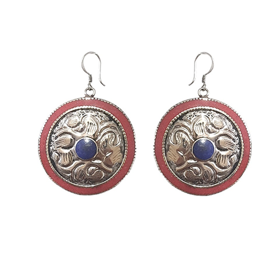 Round floral earrings with coral and lapis lazuli inlay