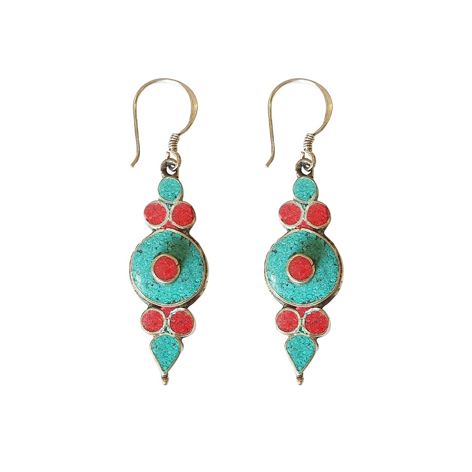 Handcrafted dangle earrings with turquoise and coral inlay in geometric design