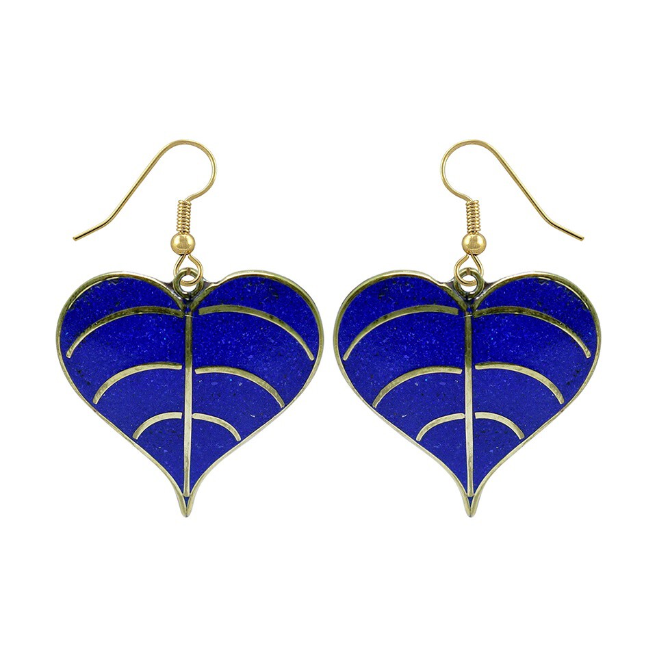 Heart leaf earrings with lapis lazuli inlay