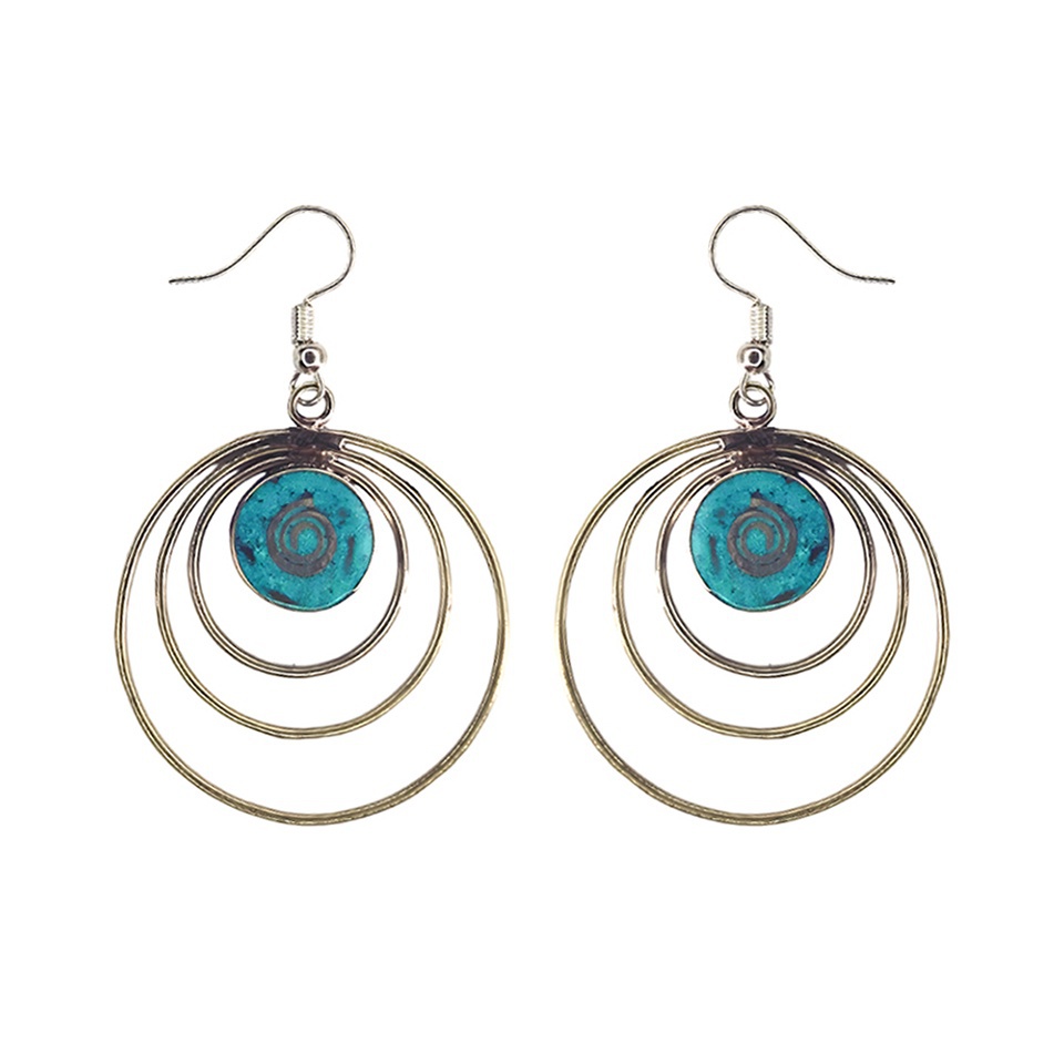 Circular spiral hoop earrings with turquoise stone inlay