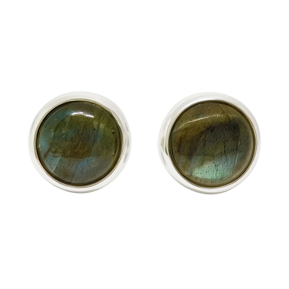 925 Sterling Silver round stud earrings with natural labradorite gemstones