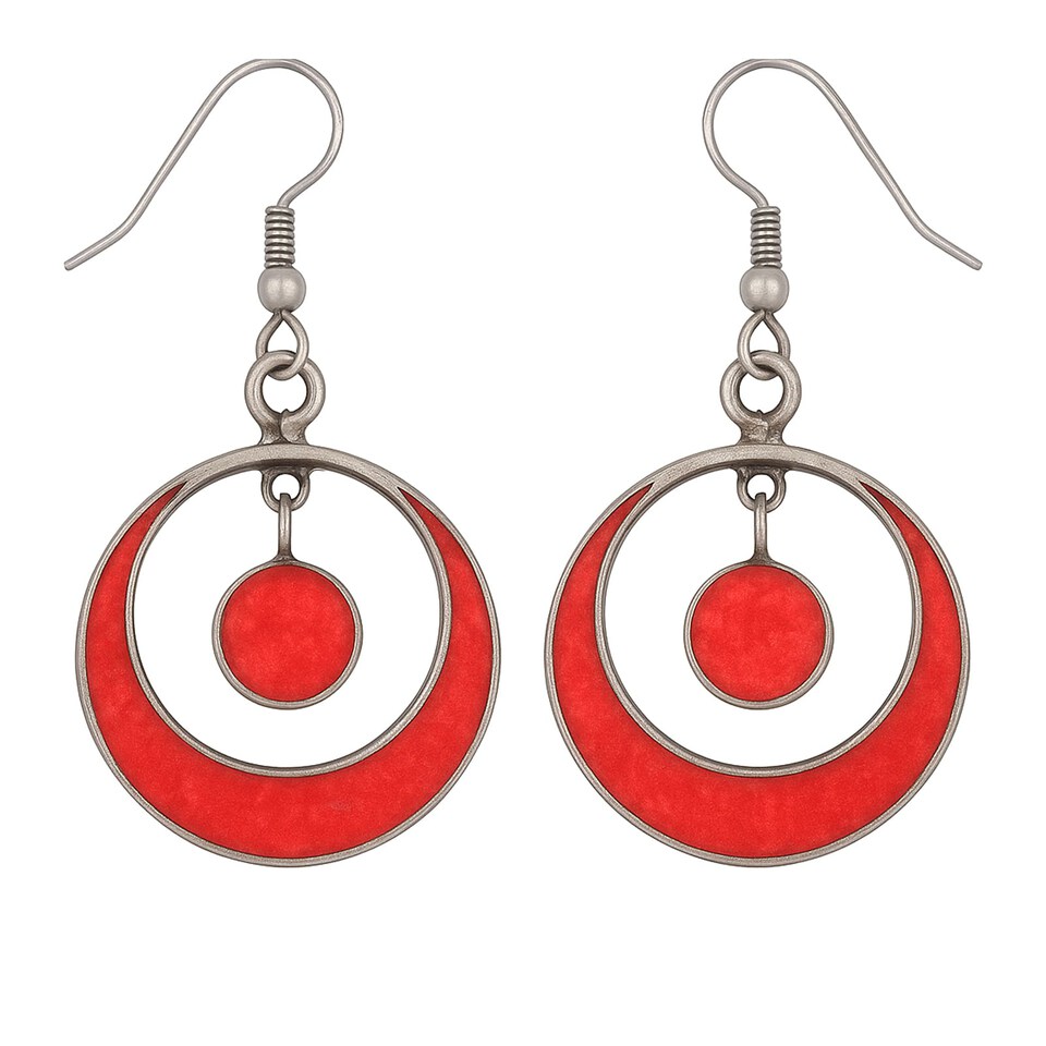Silver-plated red coral circular dangle earrings