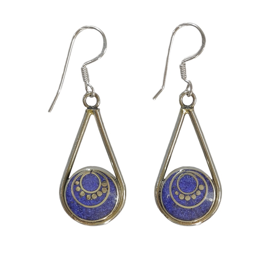 Handmade teardrop earrings with round blue inlay and crescent moon design